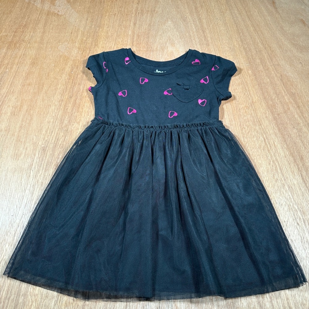 Circo Tulle Skirt Dress Girls Size 6/6X Black Pink Heart Glitter Short Sleeve